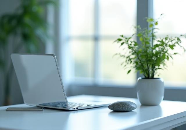 Minimalist desk with natural light and a small plant