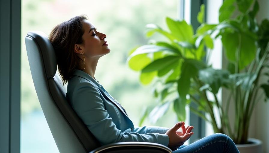 A leader practicing mindfulness in a bright, plant-filled office space