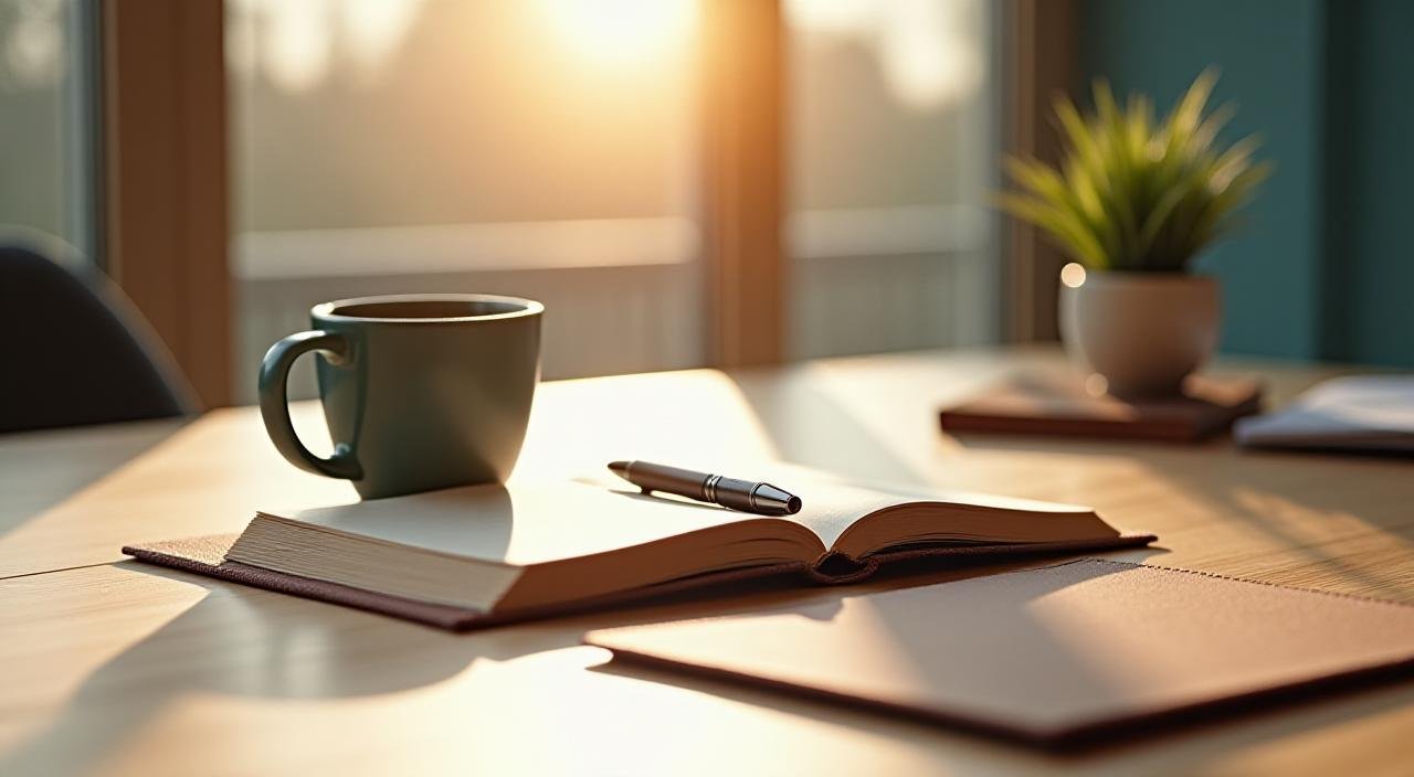 A minimalist desk with a journal and morning coffee in soft sunlight